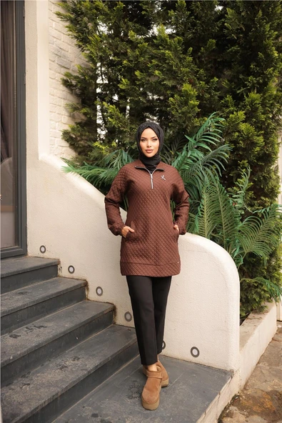 Kısa Fermuarlı Yaka Kapitone Şık Spor Sweat - (38-46) - 71227 - Kahverengi - 2