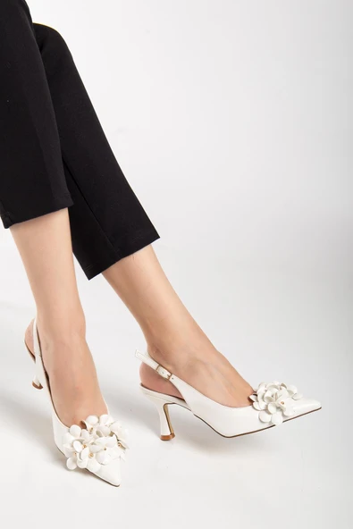 Kadın Stiletto Topuklu Ayakkabı Beyaz Topuk Açık Çiçek Motifli - Resim 2