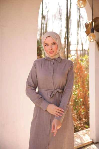 Belden Bağcıklı Düpmeli Uzun Tunik Gömlek - (38-46) - 71255 - Vizon - 4