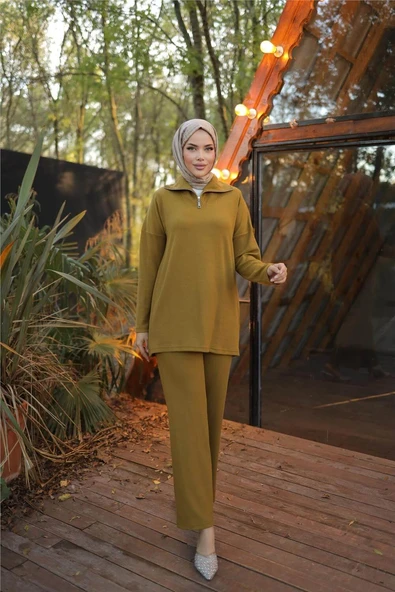 Fermuar Yaka Sade Sweat İkili Takım - (38-46) - 71221 - Hardal ürün görseli