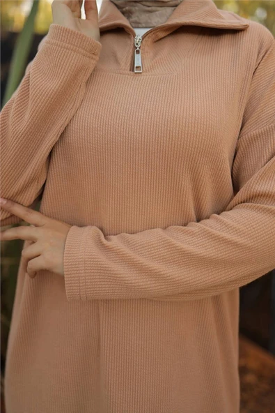 Fermuar Yaka Sade Sweat İkili Takım - (38-46) - 71221 - Bej - Resim 6