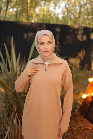 Fermuar Yaka Sade Sweat İkili Takım - (38-46) - 71221 - Bej - Resim 5