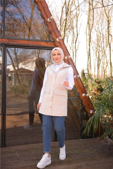 Kolsuz Cepli Çıtçıtlı Kapitone Yelek - (38-46) - 71252 - Bej - 3