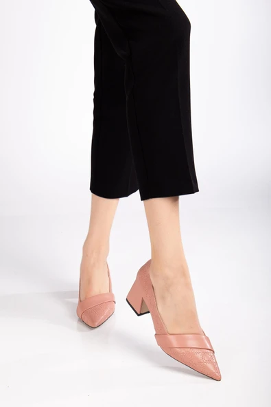 Kadın Topuklu Ayakkabı Pudra Baskılı Deri Yanyüzlü Sivri Kalıp - Resim 2