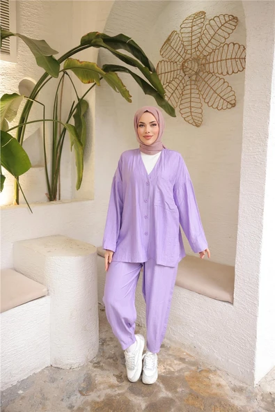 V Yaka Düğmeli Cepli İkili Tesettür Eşofman Takımı - (38-46) - 71244 - Lila ürün görseli
