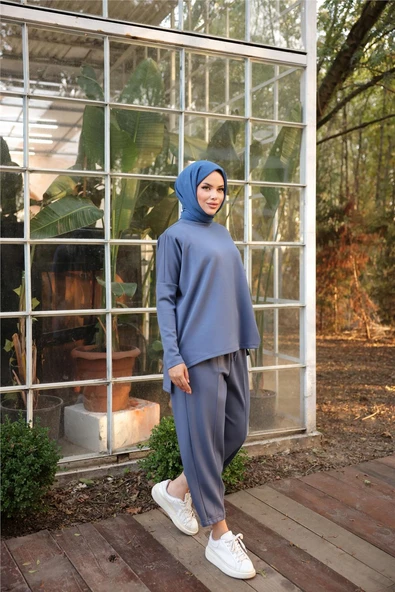 Arkası Uzun O Yaka Kısa Sweat-Pantolon İkili Eşofman Spor Takımı - (38-46) - 71216 - İndigo - Resim 2