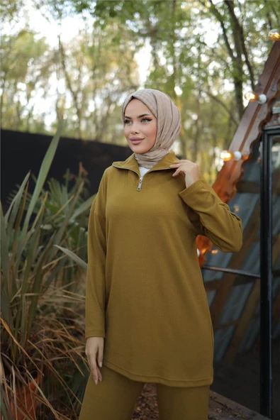 Fermuar Yaka Sade Sweat İkili Takım - (38-46) - 71221 - Hardal - Resim 5