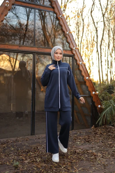 Fermuarlı Kısa Sade İkili Tesettür Eşofman Takımı - (38-46) - 71230 - Lacivert - Resim 4