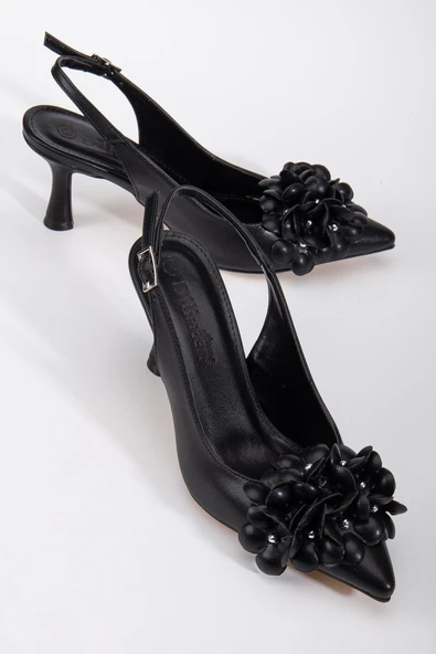 Kadın Stiletto Topuklu Ayakkabı Siyah Topuk Açık Çiçek Motifli - 1