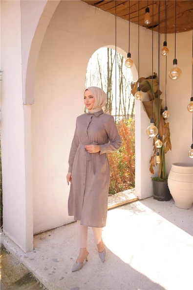 Belden Bağcıklı Düpmeli Uzun Tunik Gömlek - (38-46) - 71255 - Vizon - 2