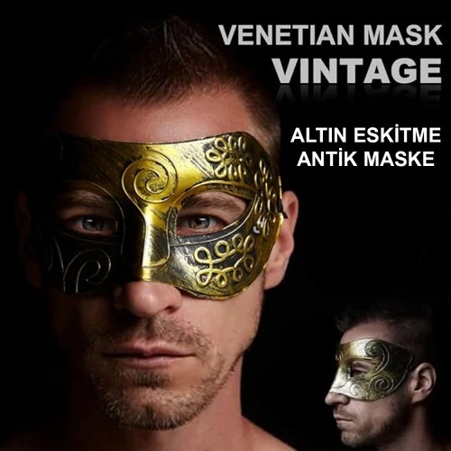 Altın Eskitme Yüz Maskesi - Antik Tarz Balo Maskesi - 5