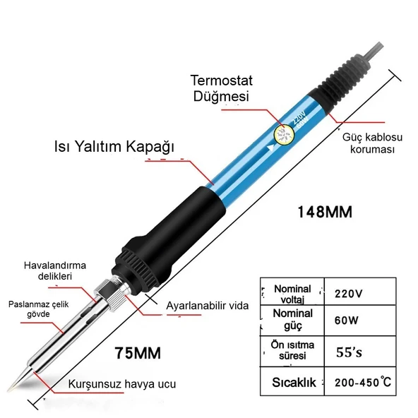 60W Ayarlanabilir Elektrikli Havya Kiti Full Lehim Seti Dijital Multimetre Taşıma Çantalı DIY Onarım Aracı - 7