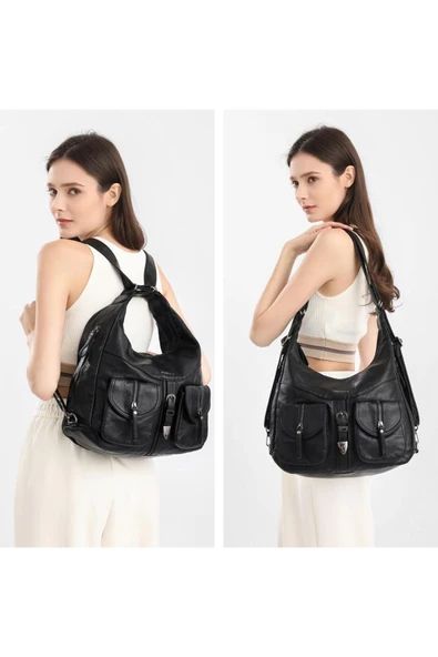 Yıkama Deri Hem Sırt Hem Omuz Kadın Çantası 21-K Barcelona 1936 - Resim 4