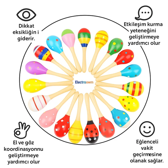 Çocuklar İçin 2li Ahşap Marakas Çiftli Set  Renkli, Neşeli, Eğlenceli - 3