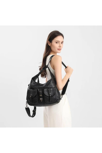 Yıkama Deri Hem Sırt Hem Omuz Kadın Çantası 21-K Barcelona 1936 - Resim 7