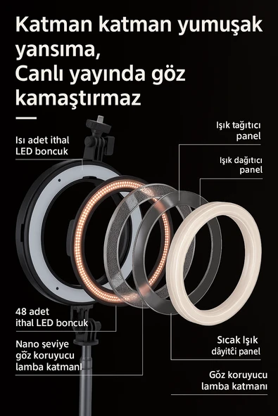 3 Modlu Ayarlanabilir LED Işıklı Selfie Halkası Makyaj ve Canlı Yayın İçin Profesyonel Aydınlatma - 6