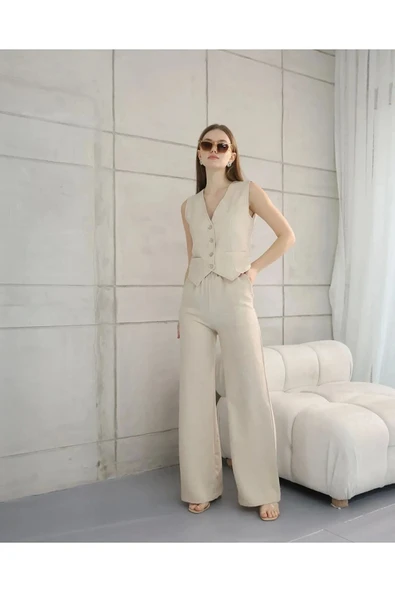 Rahat Form Yelekli Pantolon Takım Modern Fit Keten Takım - 5
