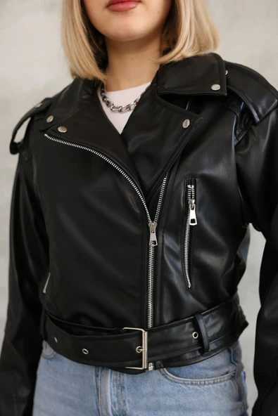 Kemerli Crop Deri Oversize Kadın Yeni Sezon Ceket - 7
