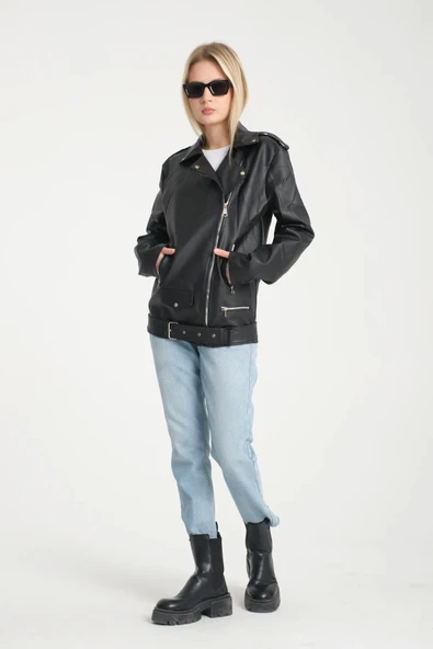 Kemerli Oversize Uzun Kadın Deri Ceket - 3