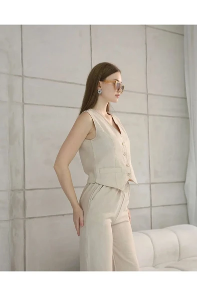 Rahat Form Yelekli Pantolon Takım Modern Fit Keten Takım - 2