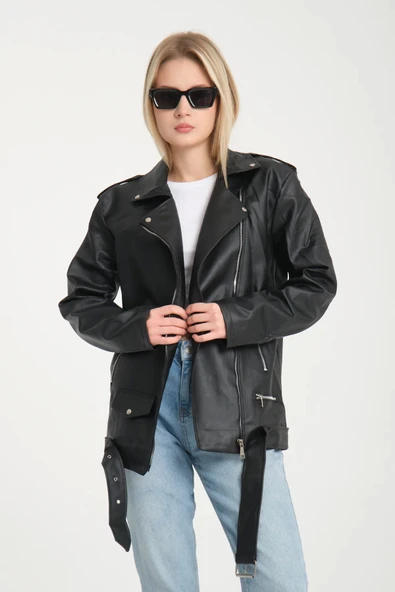 Kemerli Oversize Uzun Kadın Deri Ceket - 4