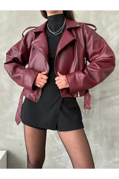 Kemerli Crop Oversize Kadın Yeni Sezon Deri Ceket