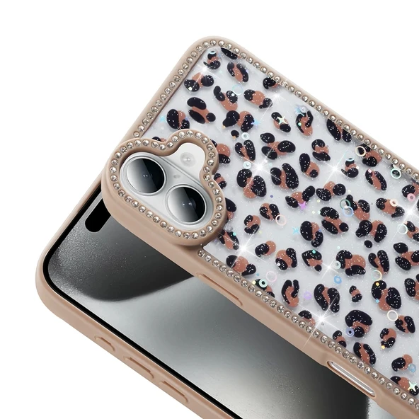 Apple iPhone 16 Plus Uyumlu Kılıf Taşlı ve Simli Tasarım Azra Kapak - 5