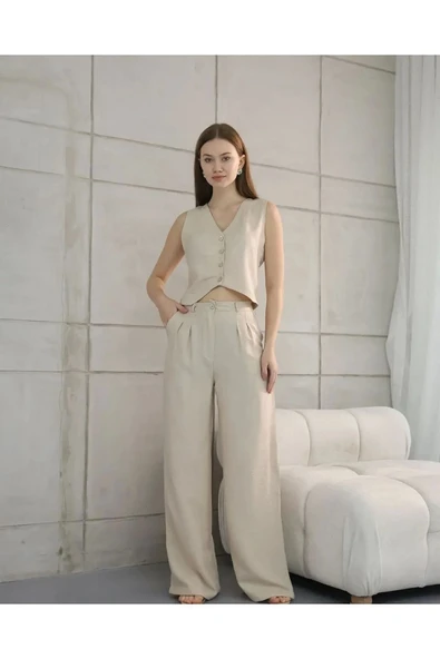 Rahat Form Yelekli Pantolon Takım Modern Fit Keten Takım - 3