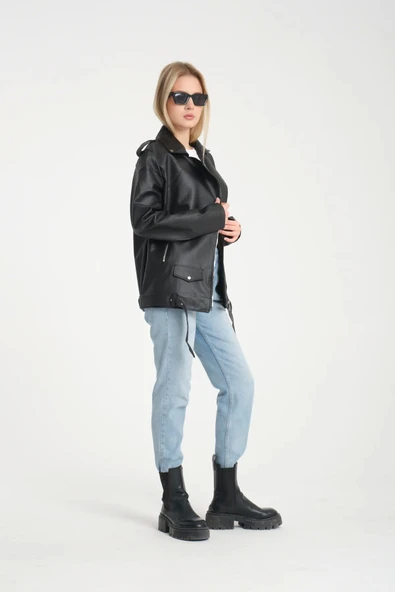 Kemerli Oversize Uzun Kadın Deri Ceket