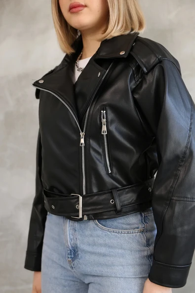 Kemerli Crop Deri Oversize Kadın Yeni Sezon Ceket - 8