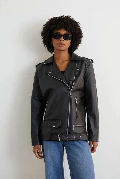 Uzun Deri Ceket Kadın Oversize Kesim Kemerli Model - 3