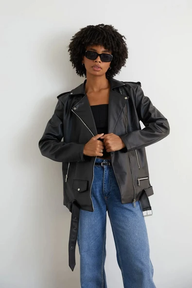 Uzun Deri Ceket Kadın Oversize Kesim Kemerli Model - 2