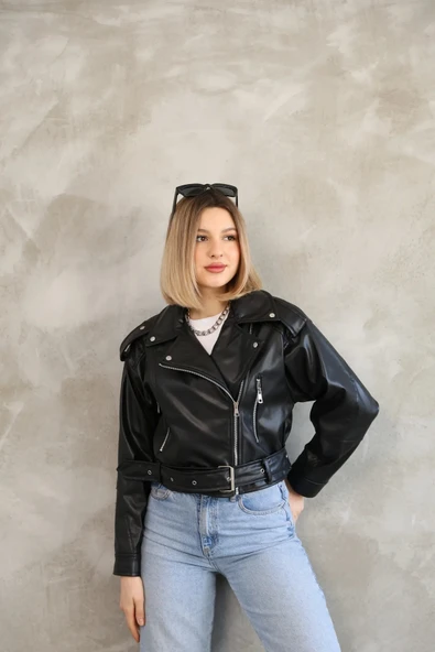 Kemerli Crop Deri Oversize Kadın Yeni Sezon Ceket - 2