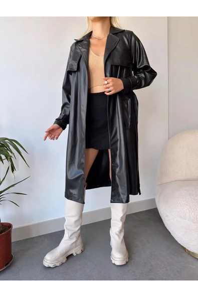Suya Dayanıklı Kadın Deri Trençkot Siyah Ceket - 5