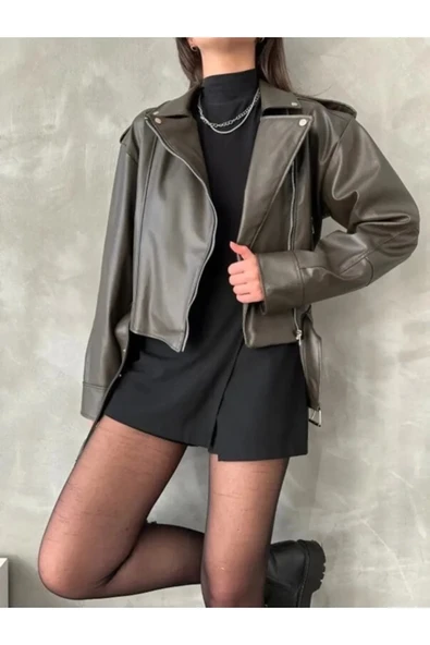 Kemerli Kadın Deri Ceket Yeni Sezon Oversize - 5
