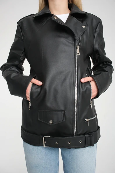 Kemerli Oversize Uzun Kadın Deri Ceket - 7