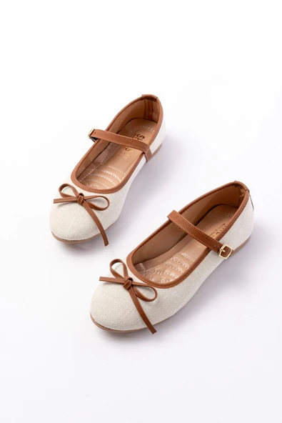 6321 Bej Keten Günlük Baret Tokalı Bayan Babet - Resim 3