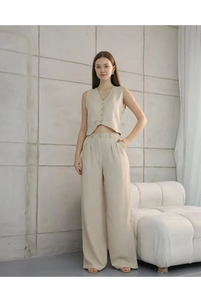 Rahat Form Yelekli Pantolon Takım Modern Fit Keten Takım