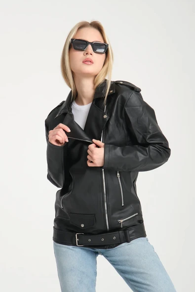 Kemerli Oversize Uzun Kadın Deri Ceket - 5