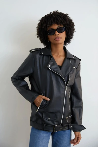 Uzun Deri Ceket Kadın Oversize Kesim Kemerli Model - 4