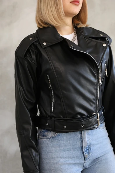 Kemerli Crop Deri Oversize Kadın Yeni Sezon Ceket - 6