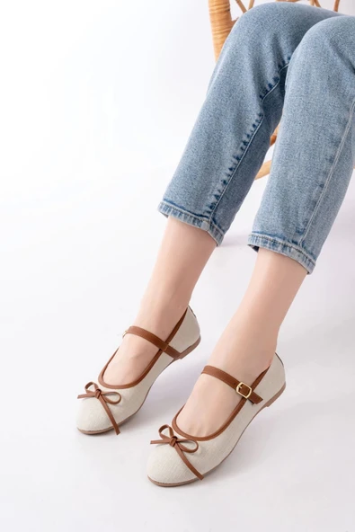 6321 Bej Keten Günlük Baret Tokalı Bayan Babet - Resim 2