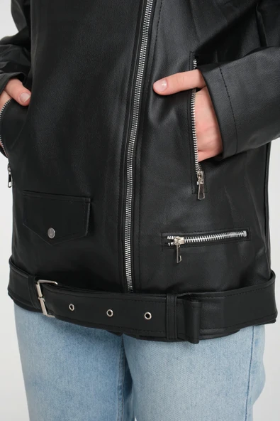 Kemerli Oversize Uzun Kadın Deri Ceket - 6