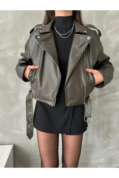 Kemerli Kadın Deri Ceket Yeni Sezon Oversize