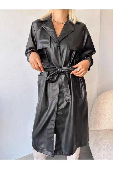 Suya Dayanıklı Kadın Deri Trençkot Siyah Ceket - 4