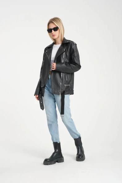 Kemerli Oversize Uzun Kadın Deri Ceket - 2