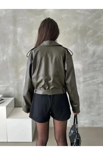 Kemerli Kadın Deri Ceket Yeni Sezon Oversize - 3