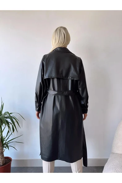 Suya Dayanıklı Kadın Deri Trençkot Siyah Ceket - 2