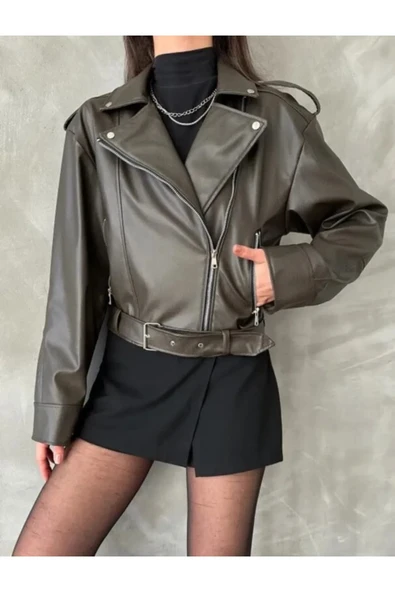 Kemerli Kadın Deri Ceket Yeni Sezon Oversize - 2