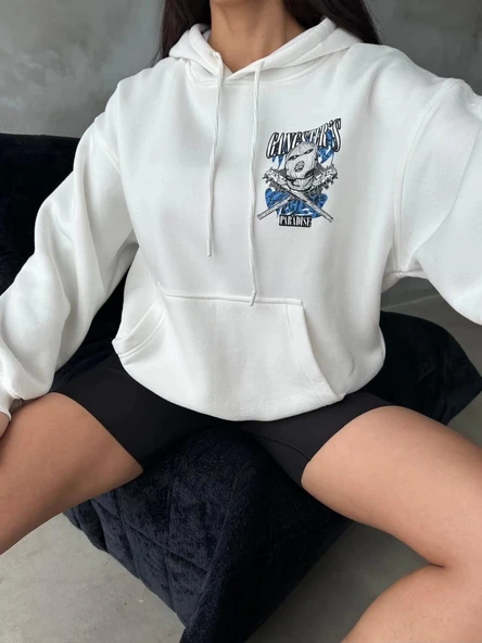 3 iplik şardonlu oversize kafa baskılı sweat beyaz - 5